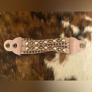 EUC Vintage LEATHEROCK Soft Leather Braided Pink Pearl Rose Gold Bracelet Cuff